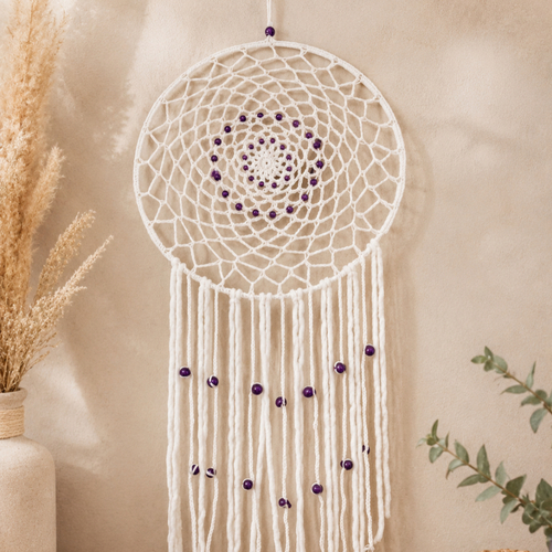 Attrape-rêves blanc au crochet – décoration murale bohème faite main – 30 cm