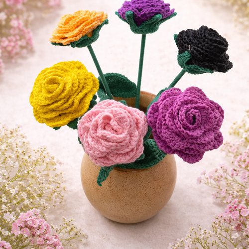 Bouquet de roses crochetées en coton oeko-tex – fleurs éternelles faites main