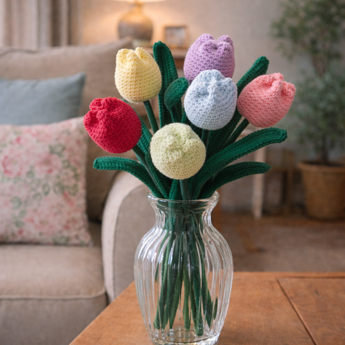 Bouquet de 6 tulipes crochetées à la main en coton – fleurs éternelles