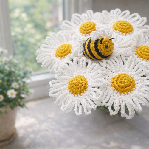 Bouquet de marguerites crochetées à la main avec abeille – fleurs éternelles – décoration