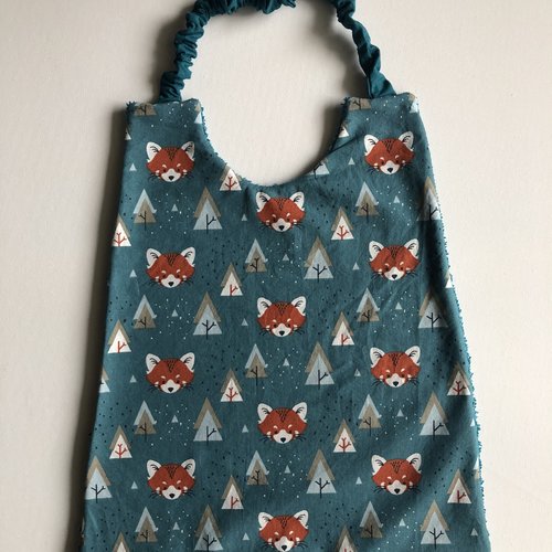 Serviette élastique / grand bavoir motifs pandas roux sur fond pétrole