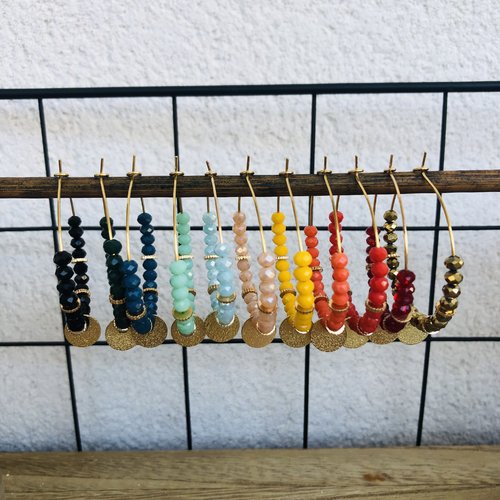 Créoles dorées avec perles à facettes , sequin et perles dorées