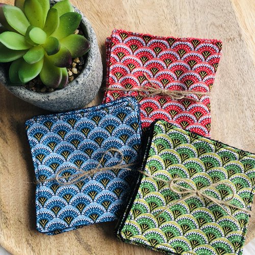Lingettes en coton et éponge bambou motifs éventails