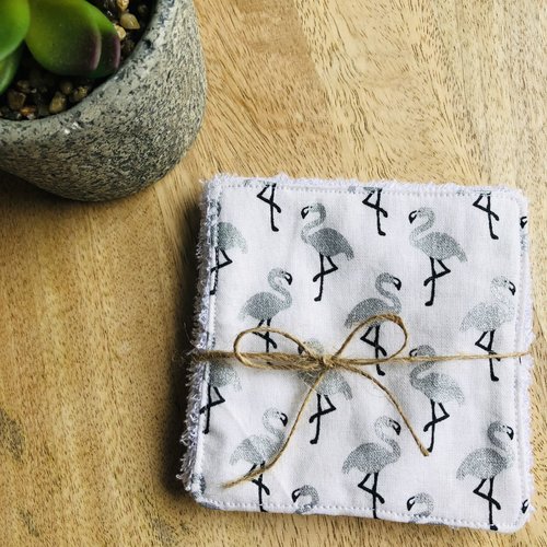 Lingettes en coton et éponge bambou motifs flamants rose
