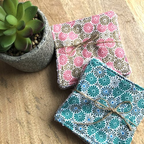 Lingettes en coton et éponge bambou motifs fleuris
