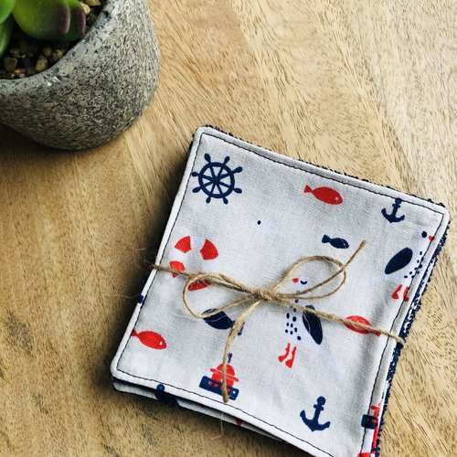 Lingettes en coton et éponge bambou motifs mouettes