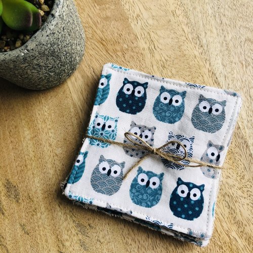 Lingettes en coton et éponge bambou motifs chouettes turquoise