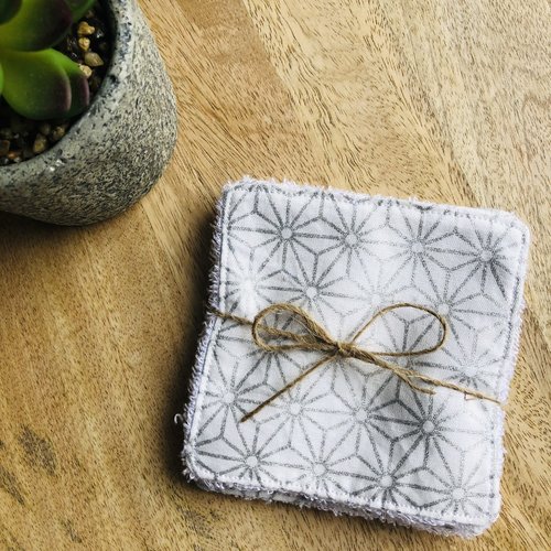 Lingettes en coton et éponge bambou motifs hexagone argenté