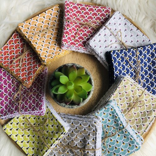 Lingettes en coton et éponge bambou motifs éventails