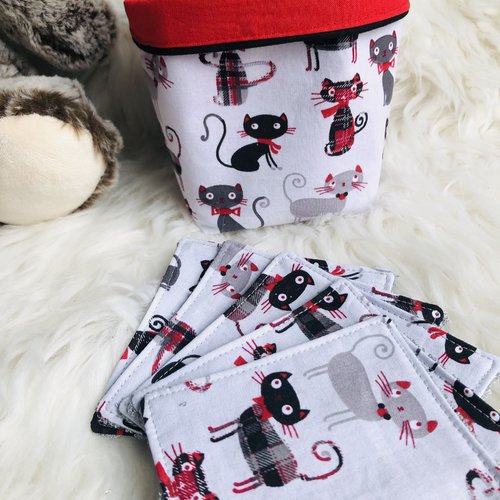 Panière et lingettes en coton et éponge bambou motifs chats