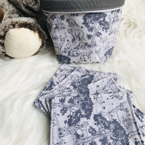 Panière et lingettes en coton et éponge bambou motifs animaux de la forêt