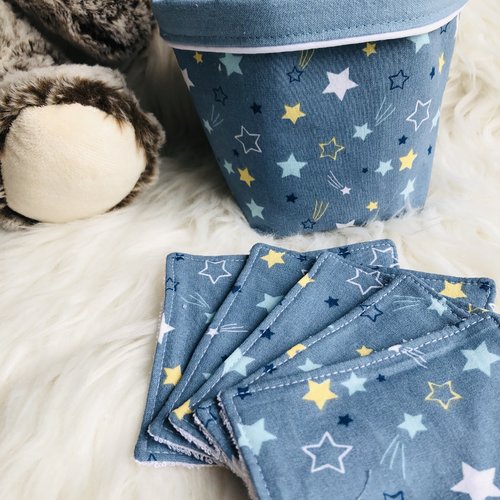 Panière et lingettes en coton et éponge bambou motifs étoiles