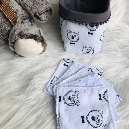 Panière et lingettes en coton et éponge bambou motifs ours noirs