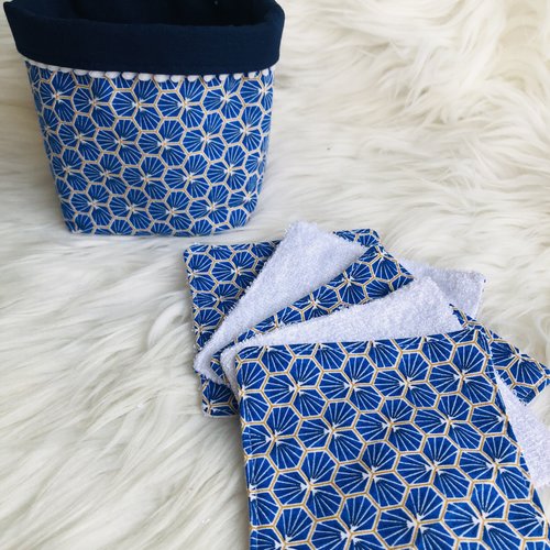 Panière et lingettes en coton et éponge bambou motifs riad bleu