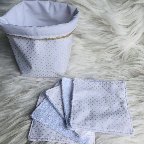 Panière et lingettes en coton et éponge bambou motifs pois dorés