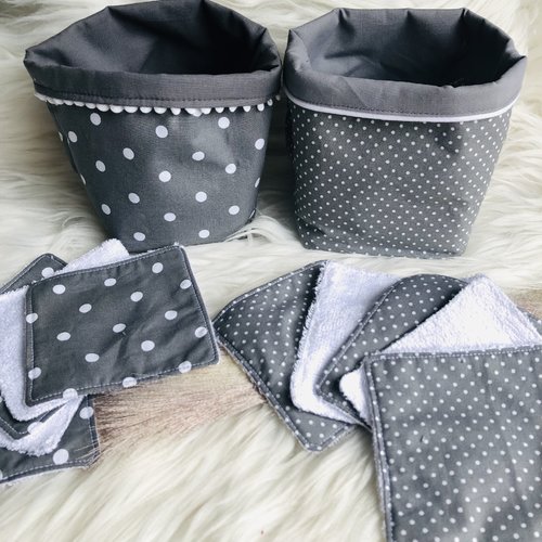 Panière et lingettes en coton et éponge bambou motifs pois