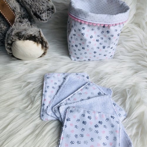 Panière et lingettes en coton et éponge bambou motifs petites pattes