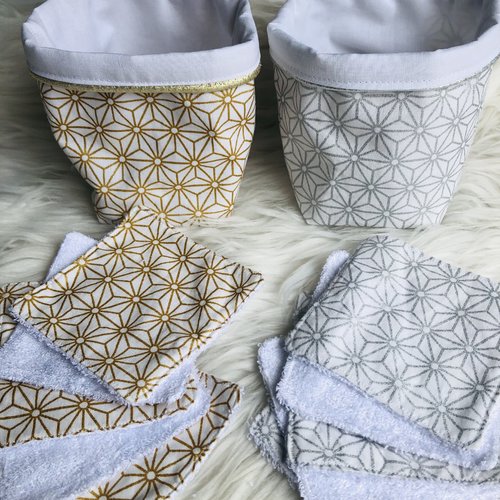 Panière et lingettes en coton et éponge bambou motifs géométriques