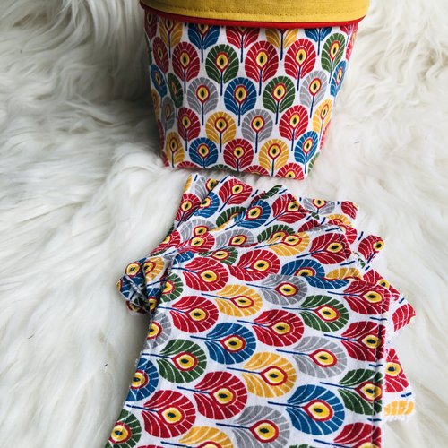 Panière et lingettes motifs plumes de paon multicolores
