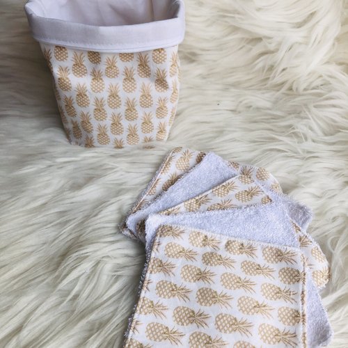 Panière et lingettes en coton et éponge bambou motifs ananas dorés