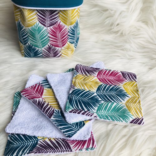 Panière et lingettes en coton et éponge bambou motifs feuilles tropicales