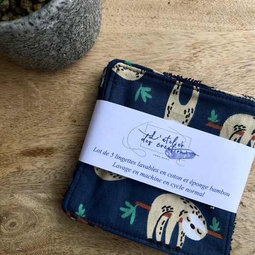 Lingettes en coton et éponge bambou motifs paresseux