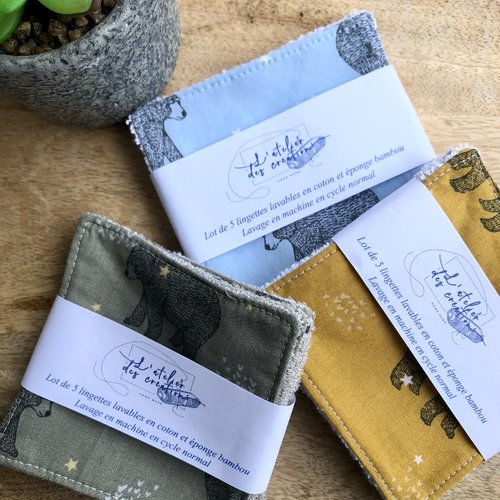 Lingettes en coton et éponge bambou motifs ours polaire