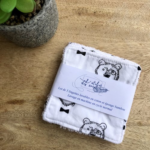 Lingettes en coton et éponge bambou motifs ours