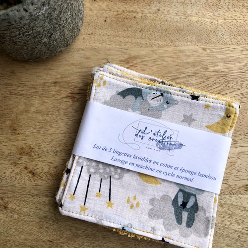 Lingettes en coton et éponge bambou motifs ours endormis