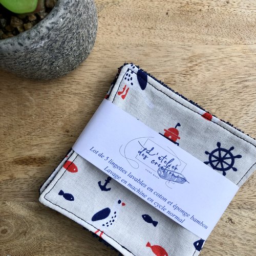 Lingettes en coton et éponge bambou motifs mouettes