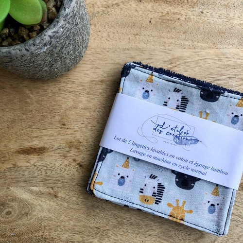Lingettes en coton et éponge bambou motifs animaux de la jungle