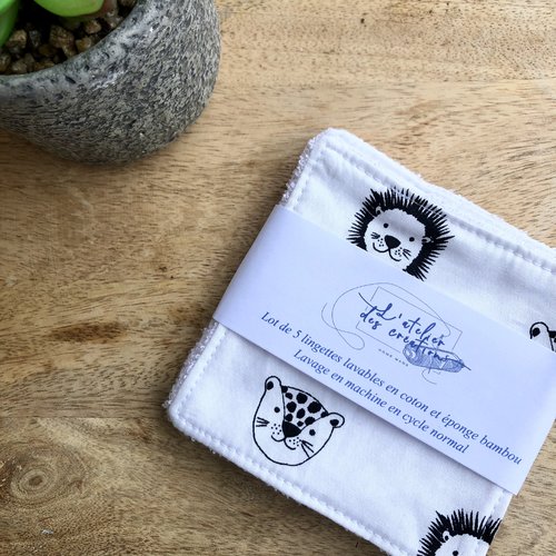 Lingettes en coton et éponge bambou motifs animaux de la jungle