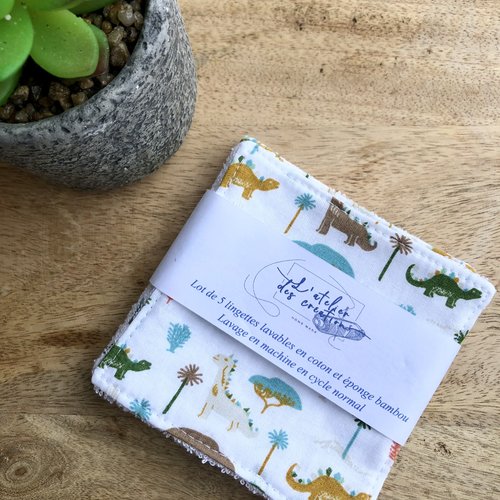 Lingettes en coton et éponge bambou motifs dinosaures
