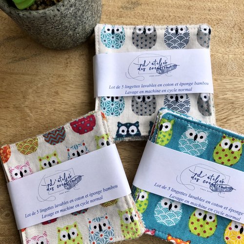 Lingettes en coton et éponge bambou motifs chouettes