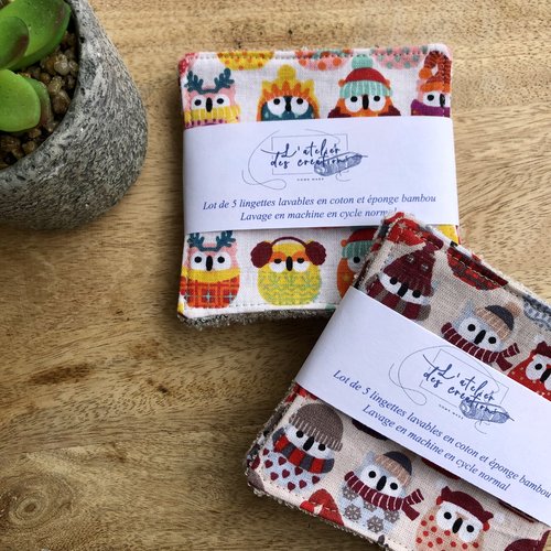 Lingettes en coton et éponge bambou motifs chouettes
