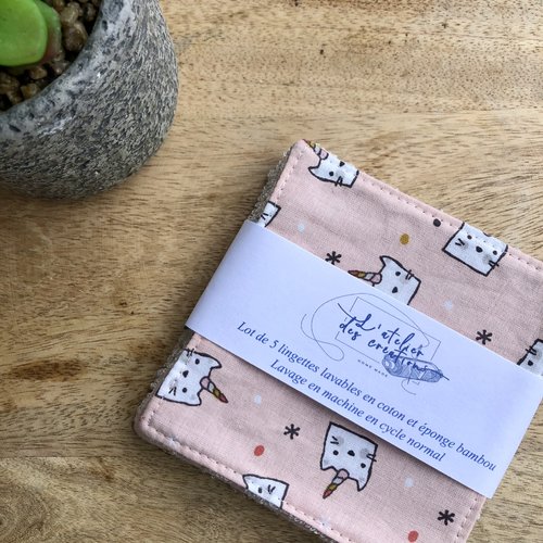 Lingettes en coton et éponge bambou motifs chats licorne