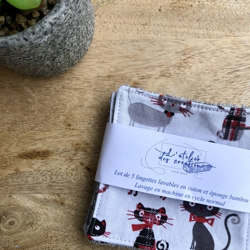 Lingettes en coton et éponge bambou motifs chats