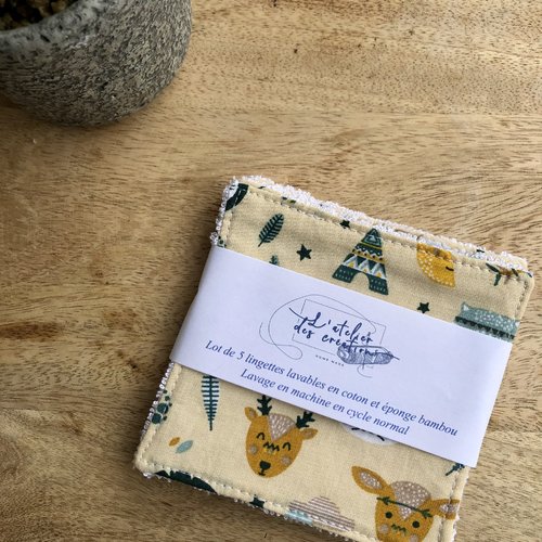 Lingettes en coton et éponge bambou motifs animaux indiens