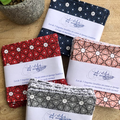 Lingettes en coton et éponge bambou motifs céramique