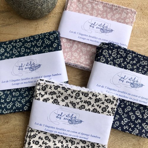 Lingettes en coton et éponge bambou motifs petites fleurs