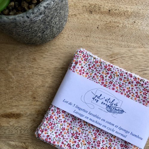 Lingettes en coton et éponge bambou motifs fleuris