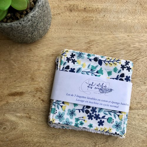 Lingettes en coton et éponge bambou motifs fleuris