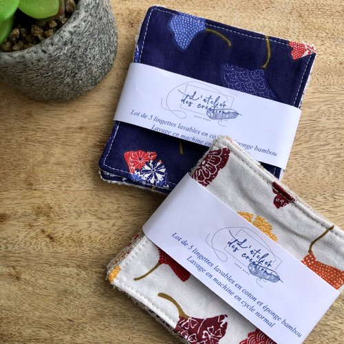 Lingettes en coton et éponge bambou motifs fleurs de ginkgo
