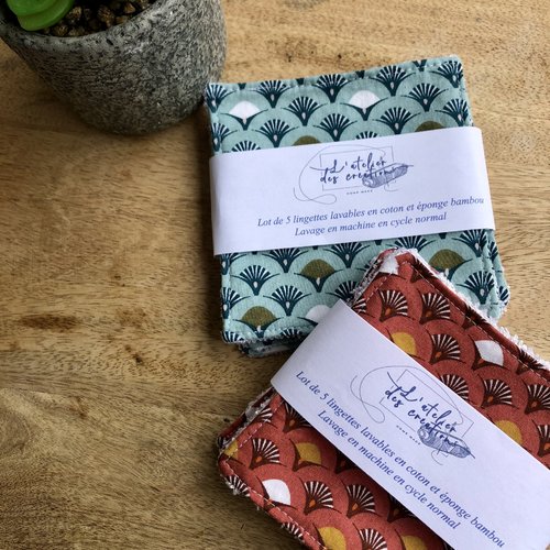 Lingettes en coton et éponge bambou motifs éventails
