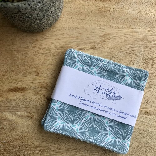 Lingettes en coton et éponge bambou motifs ronds turquoise