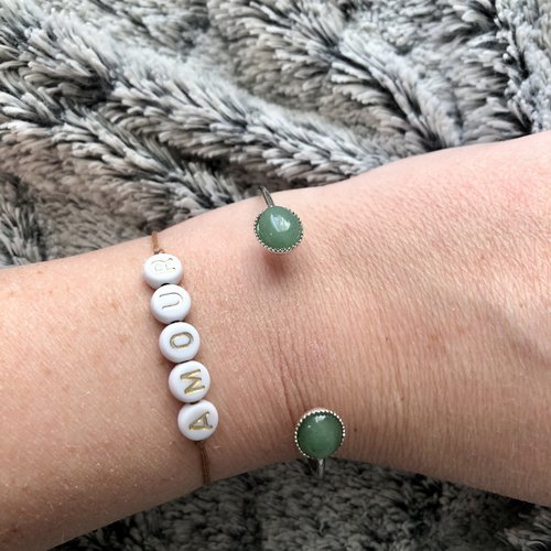 Bracelet jonc double cabochon en  aventurine vert  en métal argenté