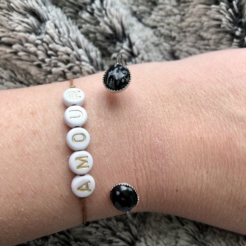 Bracelet jonc double cabochon noir et gris  en métal argenté