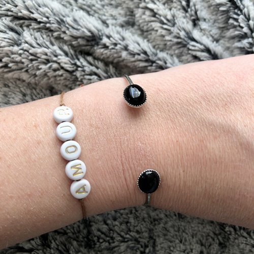 Bracelet jonc double cabochon en agate noir en métal argenté