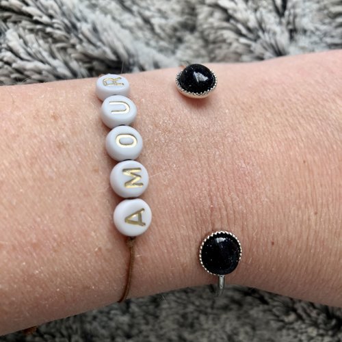 Bracelet jonc double cabochon bleu foncé en métal argenté