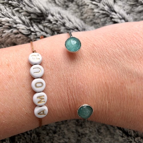 Bracelet jonc double cabochon en agate en métal argenté